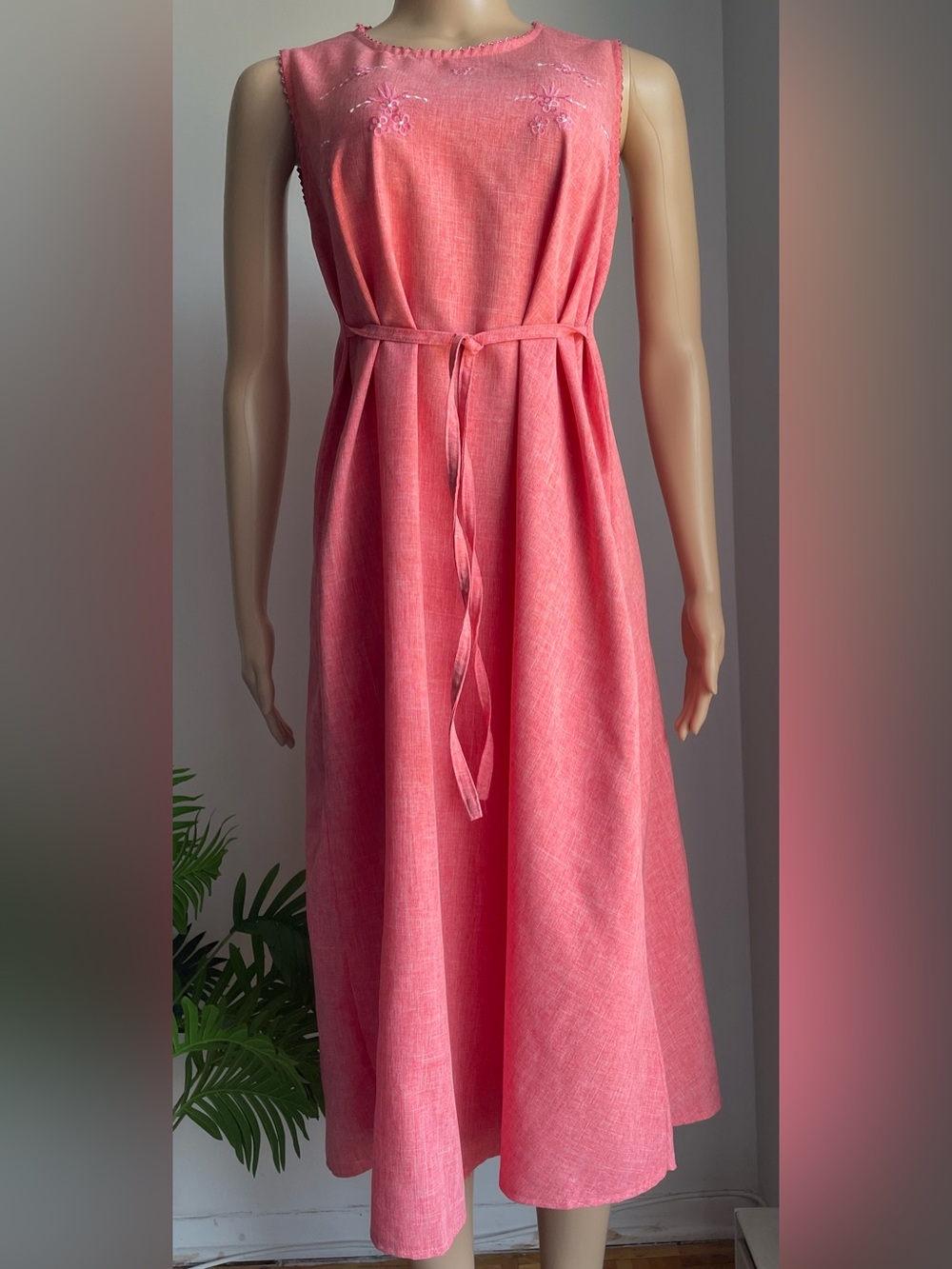 Sleeveless Coral Maxi Dress with Subtle Neck Embroidery